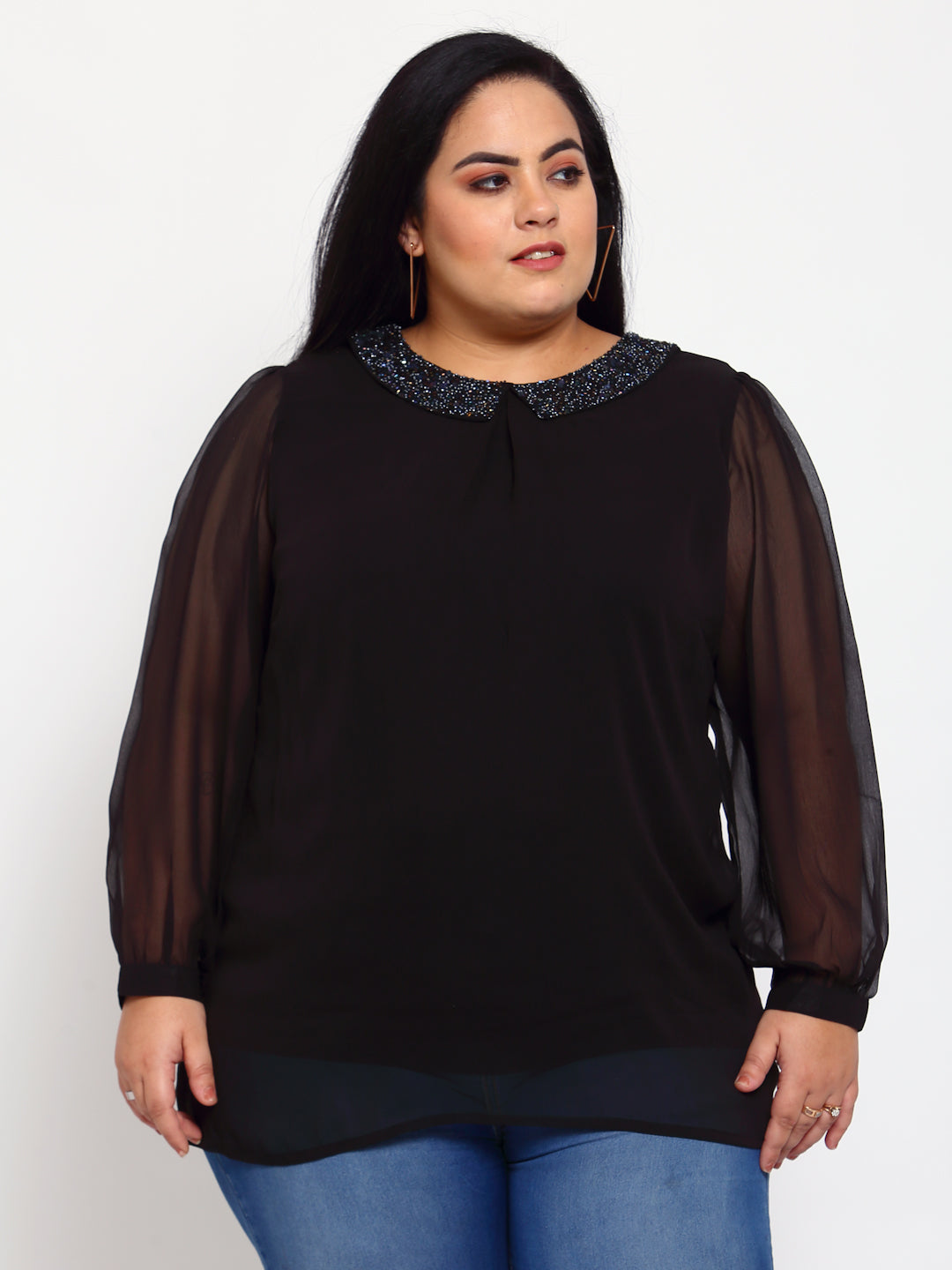 plusS Black Peter Pan Collar Top