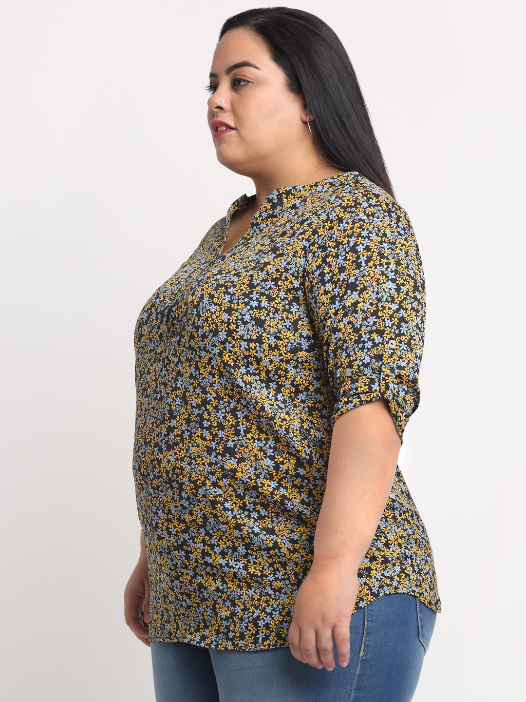 plusS Black  Yellow Plus Women Floral Print Shirt Style Top