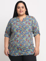 plusS Women Blue  Brown Floral Print Roll-Up Sleeves Shirt Style Top