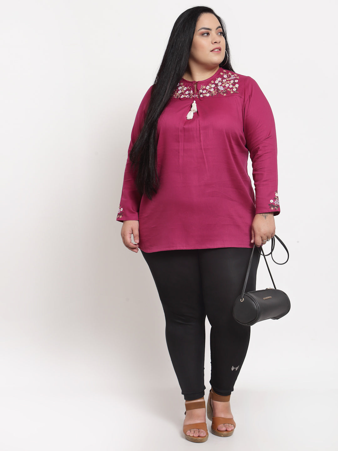 plusS Purple Plus Size Mandarin Collar Top