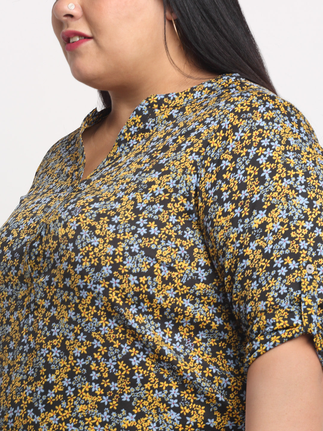 plusS Black  Yellow Plus Women Floral Print Shirt Style Top