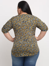 plusS Black  Yellow Plus Women Floral Print Shirt Style Top