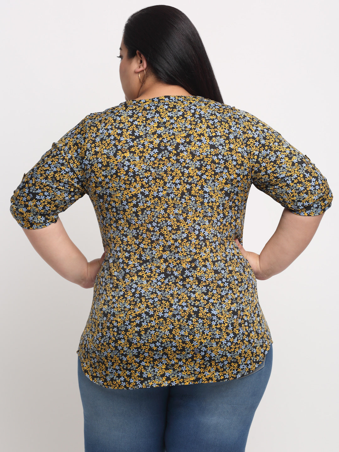 plusS Black  Yellow Plus Women Floral Print Shirt Style Top