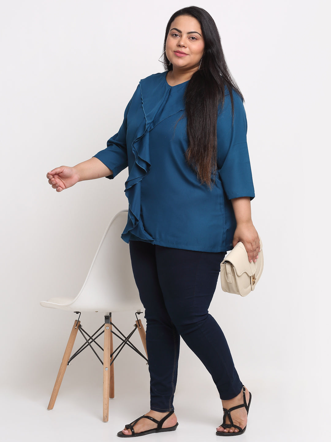 plusS Blue Ruffles Styled Back Plus Size Top