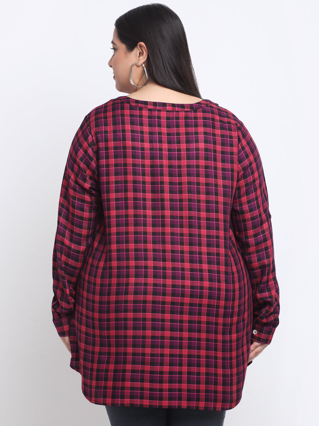 Plus Size Checked Roll-Up Sleeves Top