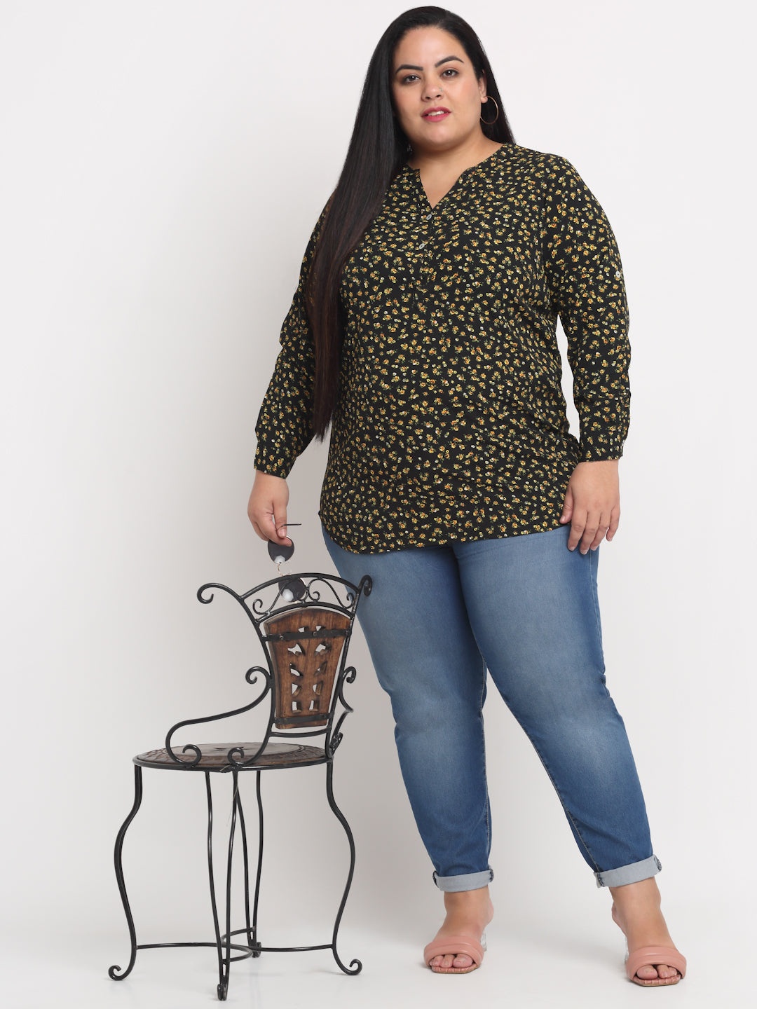 plusS Women Plus Size Black  Yellow Floral Printed Top