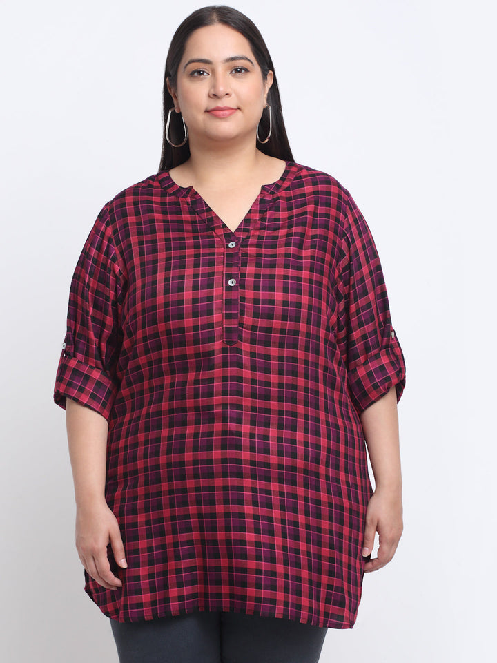 Plus Size Checked Roll-Up Sleeves Top