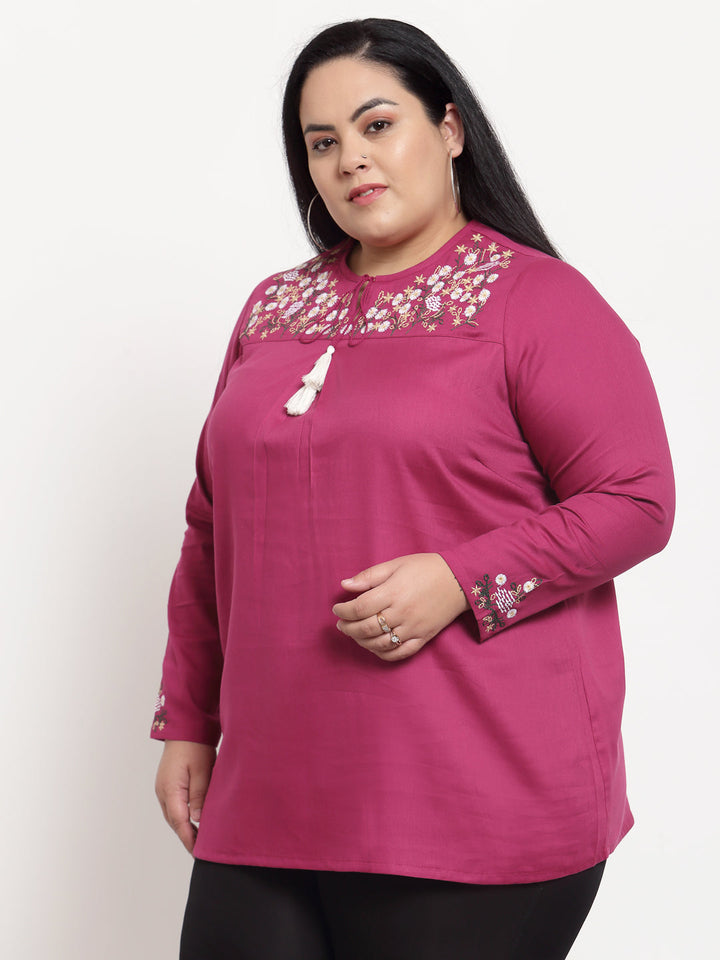 plusS Purple Plus Size Mandarin Collar Top