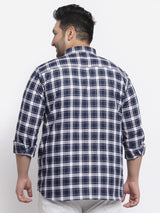 plusS Plus Size Men Navy Blue Tartan Checked Casual Shirt