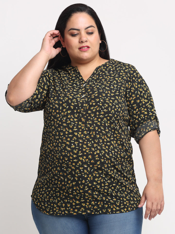 plusS Women Plus Size Black  Yellow Floral Printed Top