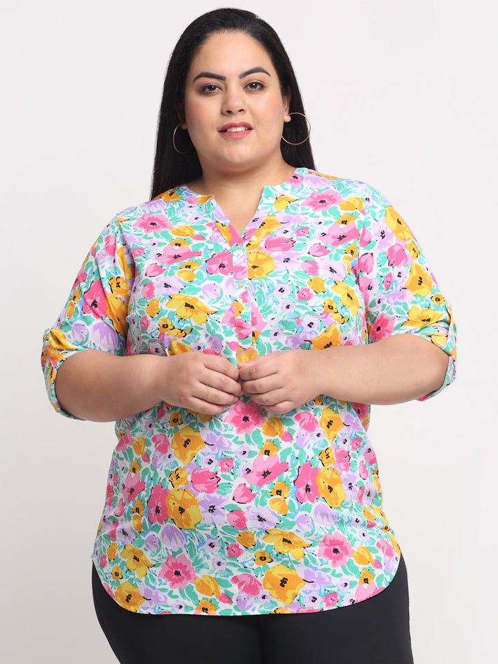 plusS Pink  Yellow Plus Women Floral Print Roll-Up Sleeves Shirt Style Top