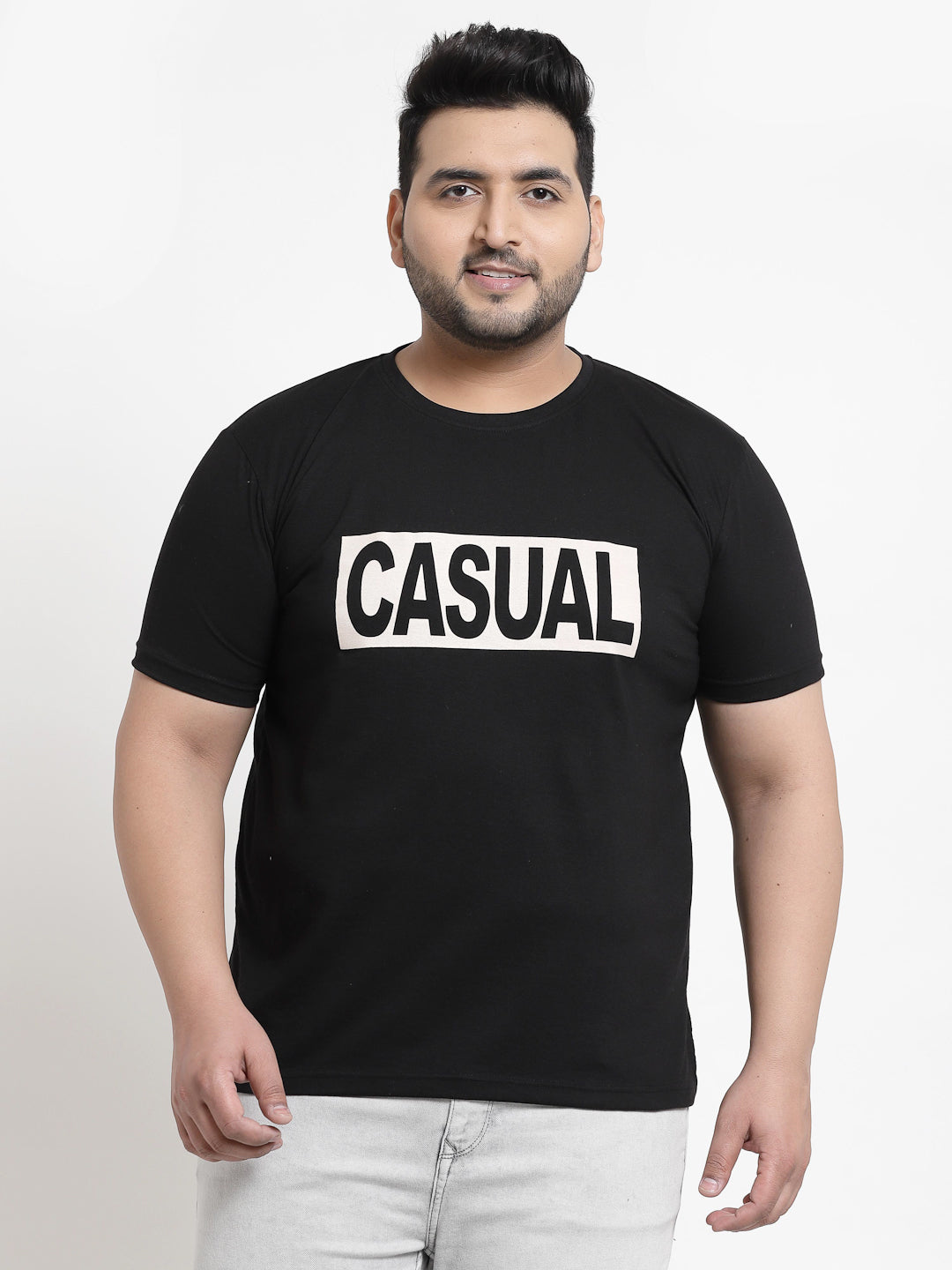 Men Plus Size Black & White Printed Pure Cotton T-shirt