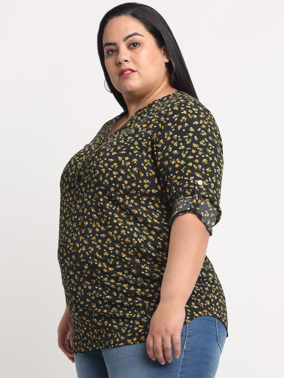 plusS Women Plus Size Black  Yellow Floral Printed Top