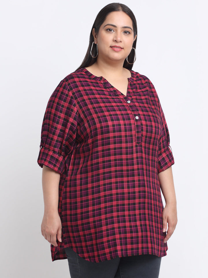 Plus Size Checked Roll-Up Sleeves Top