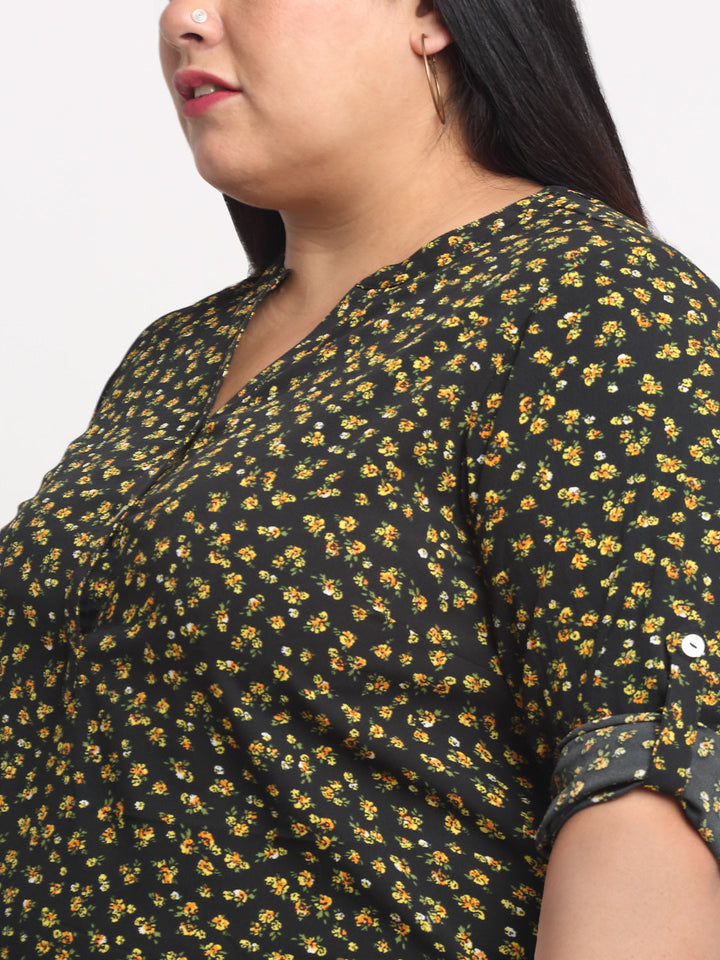 plusS Women Plus Size Black  Yellow Floral Printed Top