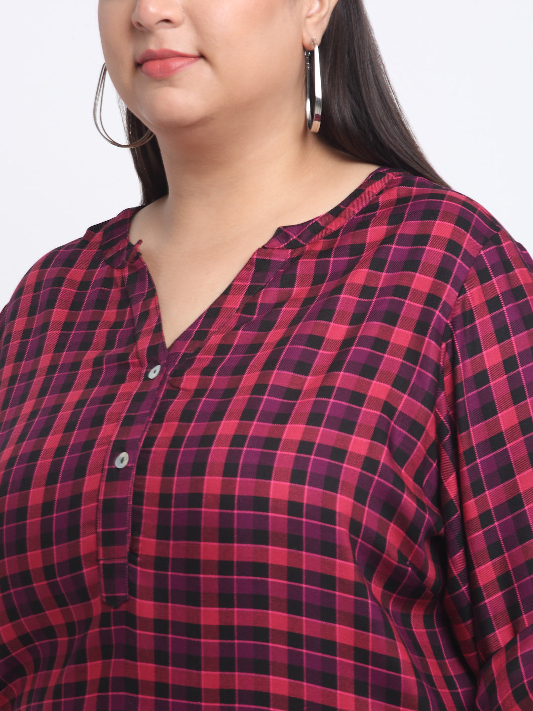 Plus Size Checked Roll-Up Sleeves Top