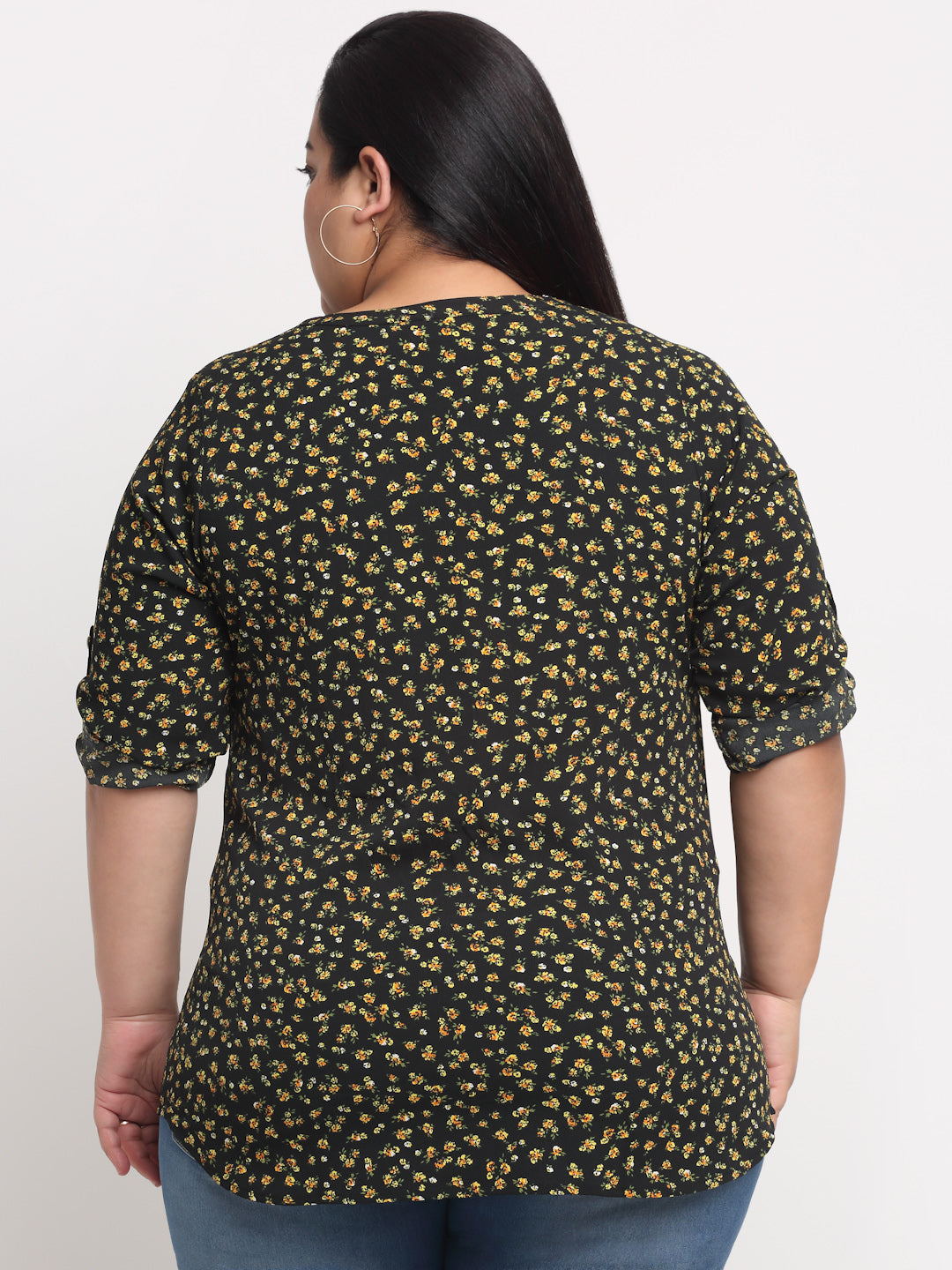 plusS Women Plus Size Black  Yellow Floral Printed Top