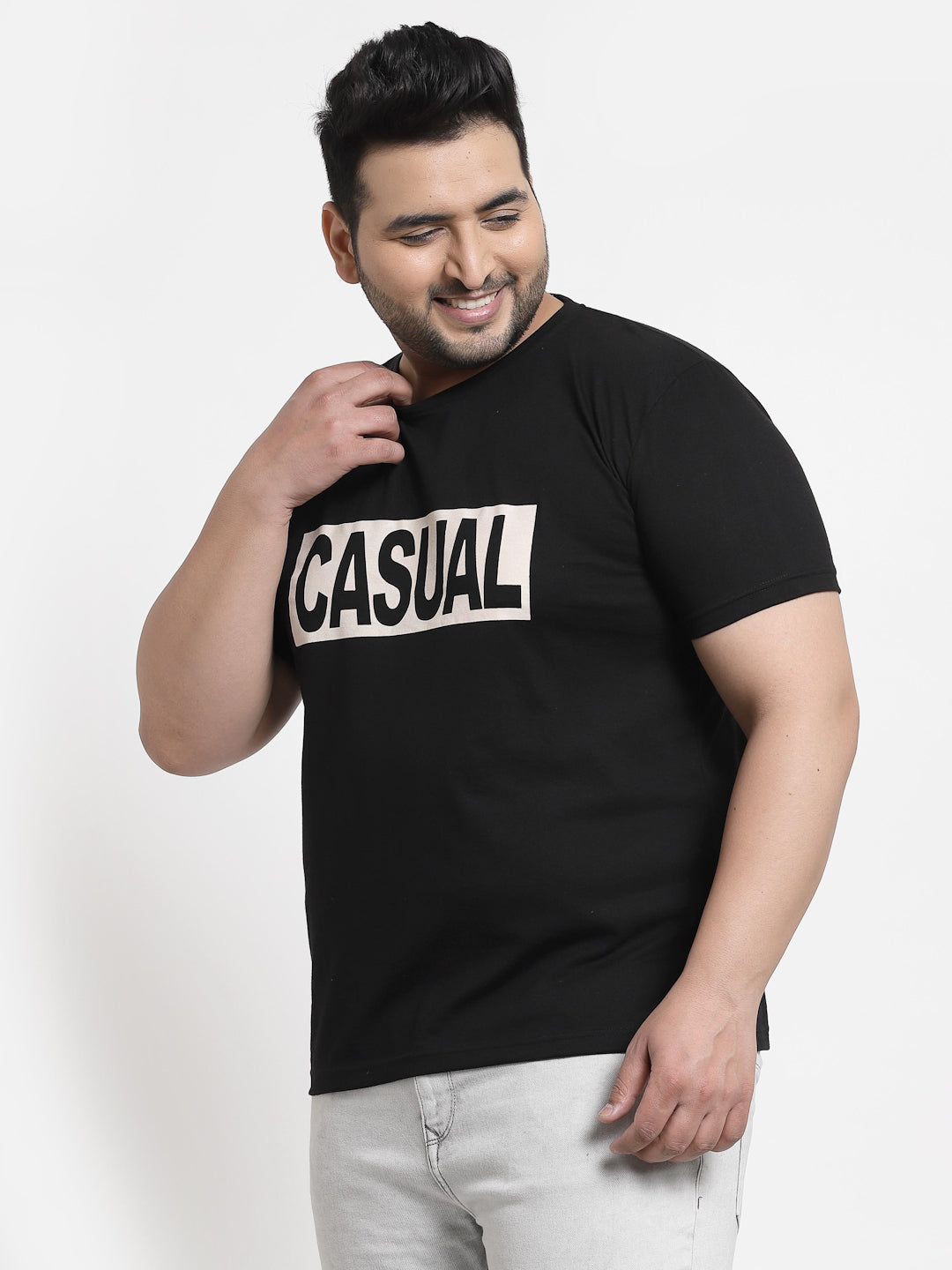 Men Plus Size Black & White Printed Pure Cotton T-shirt