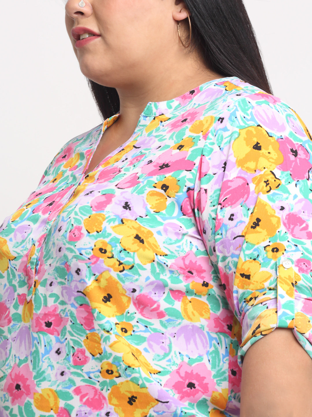 plusS Pink  Yellow Plus Women Floral Print Roll-Up Sleeves Shirt Style Top