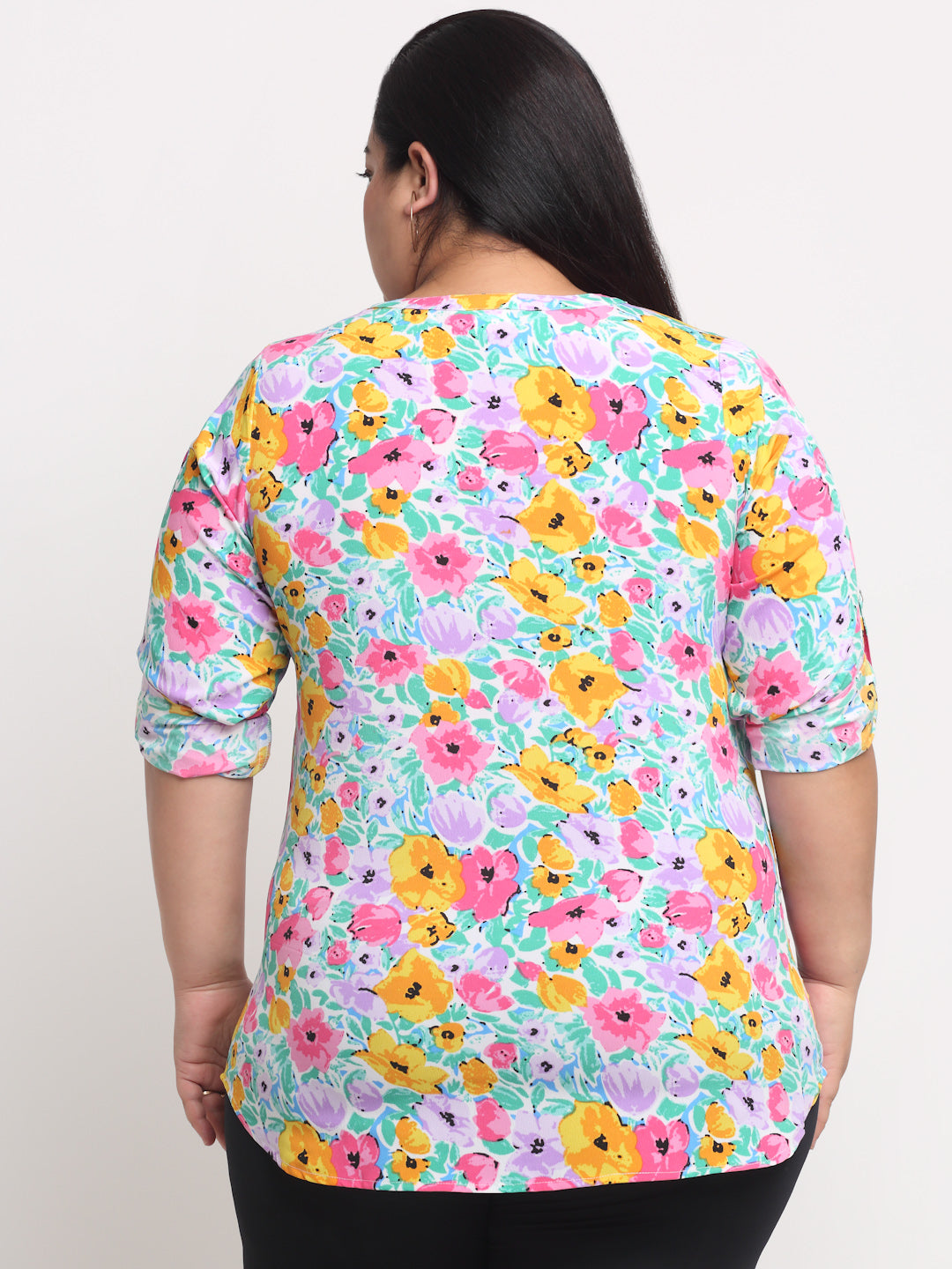 plusS Pink  Yellow Plus Women Floral Print Roll-Up Sleeves Shirt Style Top