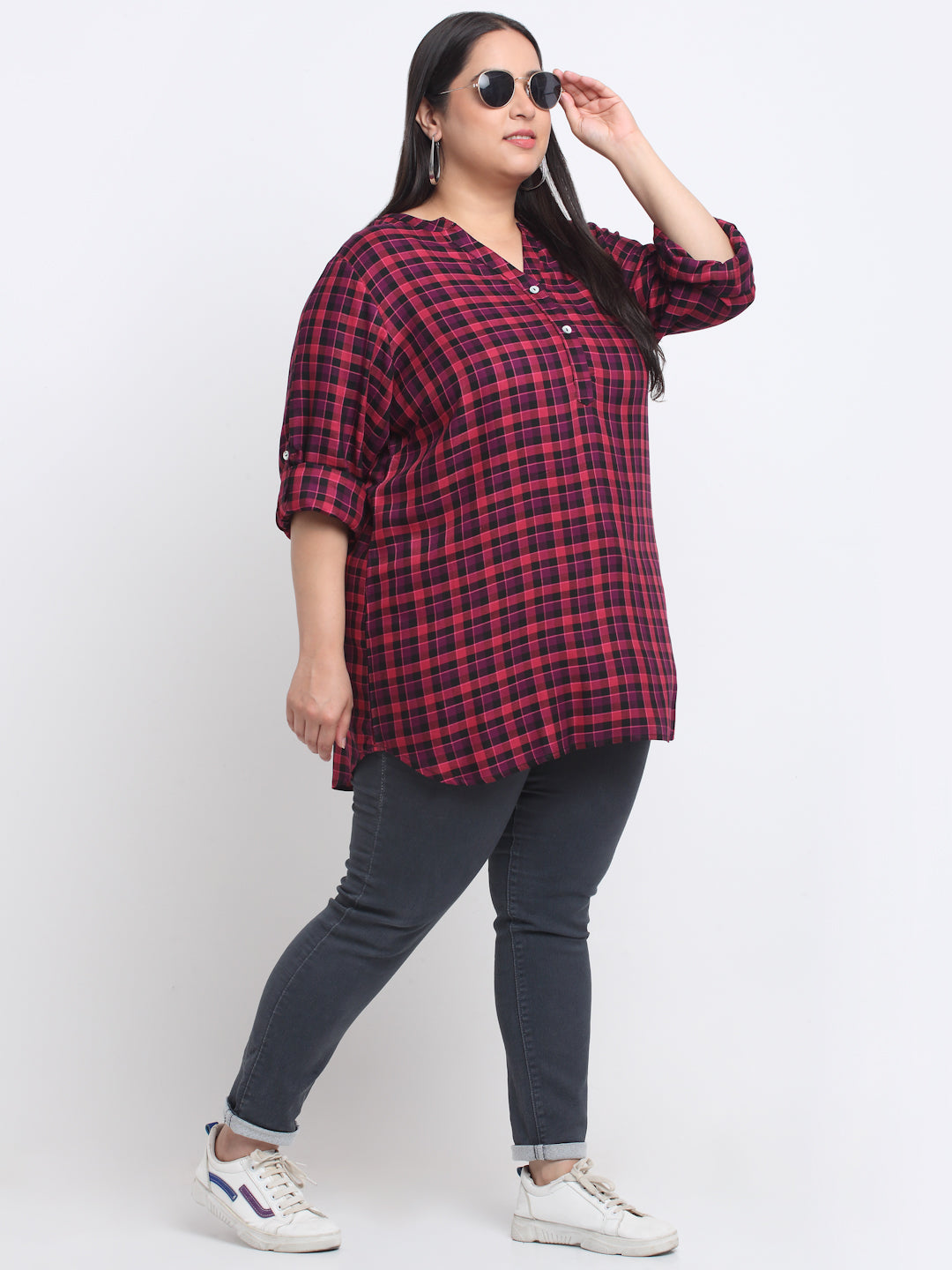 Plus Size Checked Roll-Up Sleeves Top