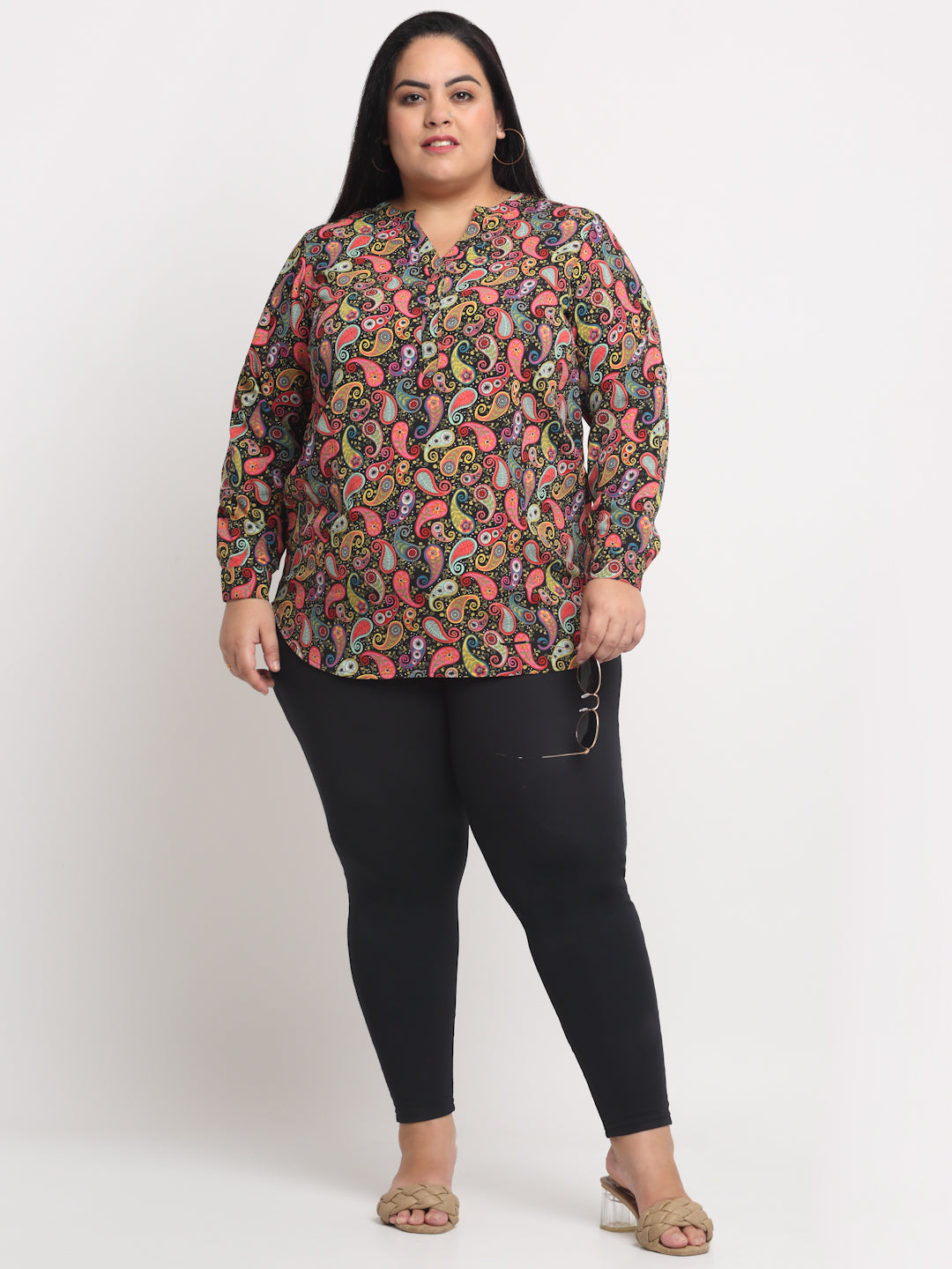 plusS Size Women Multicoloured Print Mandarin Collar Roll-Up Sleeves Top