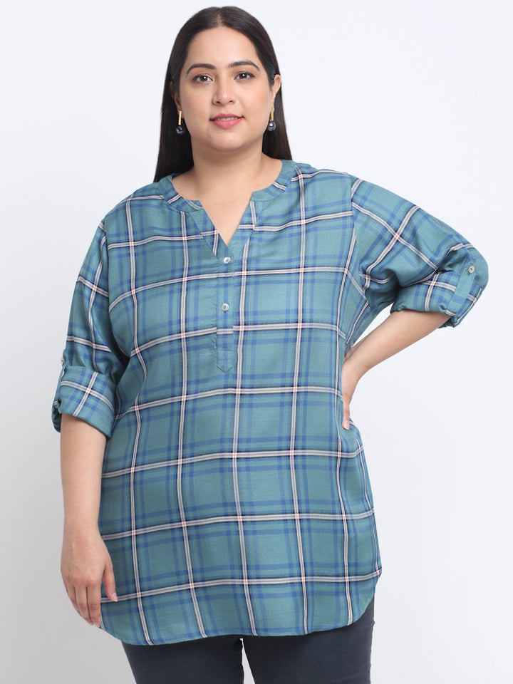 plusS Plus Size Checked Roll-Up Sleeves Top