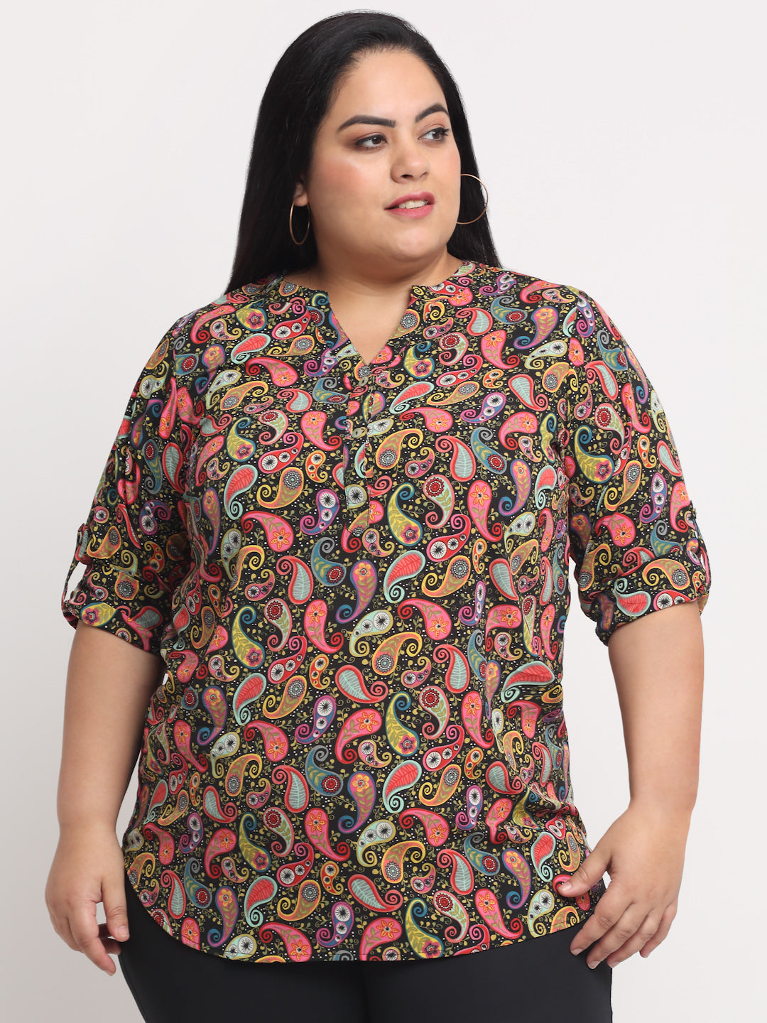 plusS Size Women Multicoloured Print Mandarin Collar Roll-Up Sleeves Top