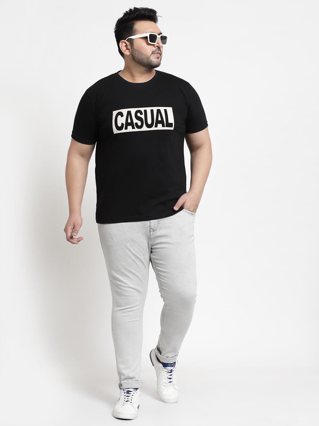 Men Plus Size Black & White Printed Pure Cotton T-shirt