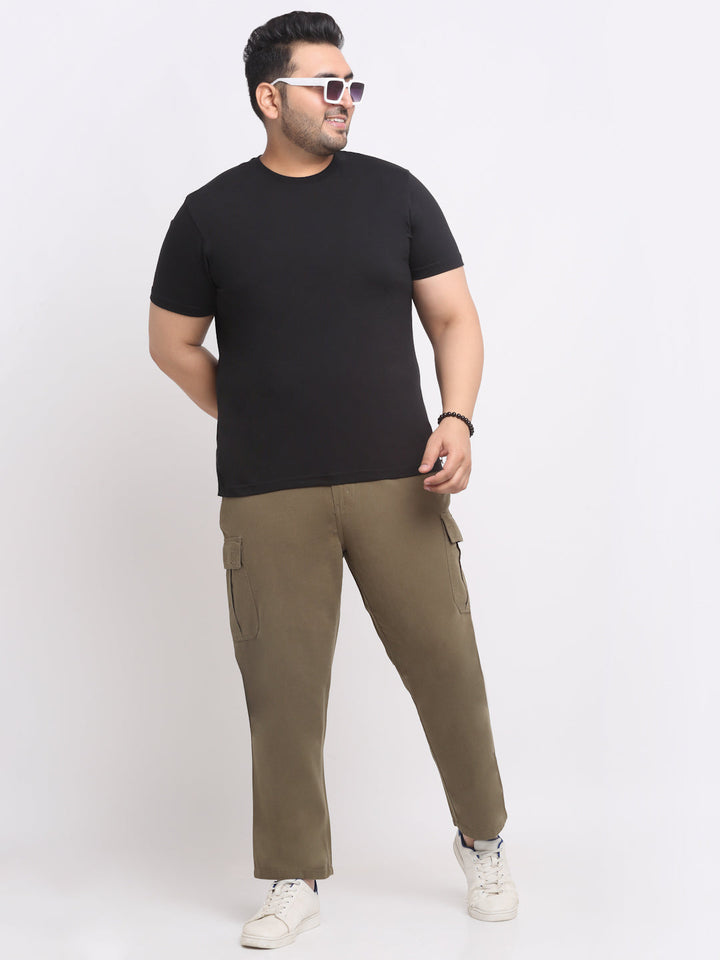 plusS Men Olive Green Cotton Cargos Trousers