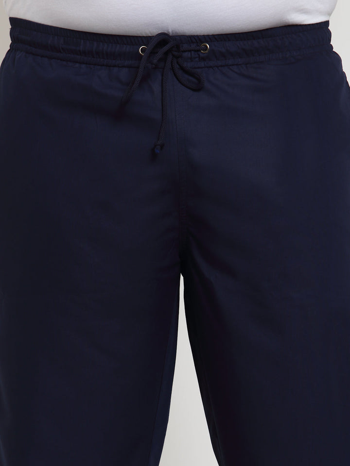 Men Navy Blue Solid Straight Fit Cotton Track Pants