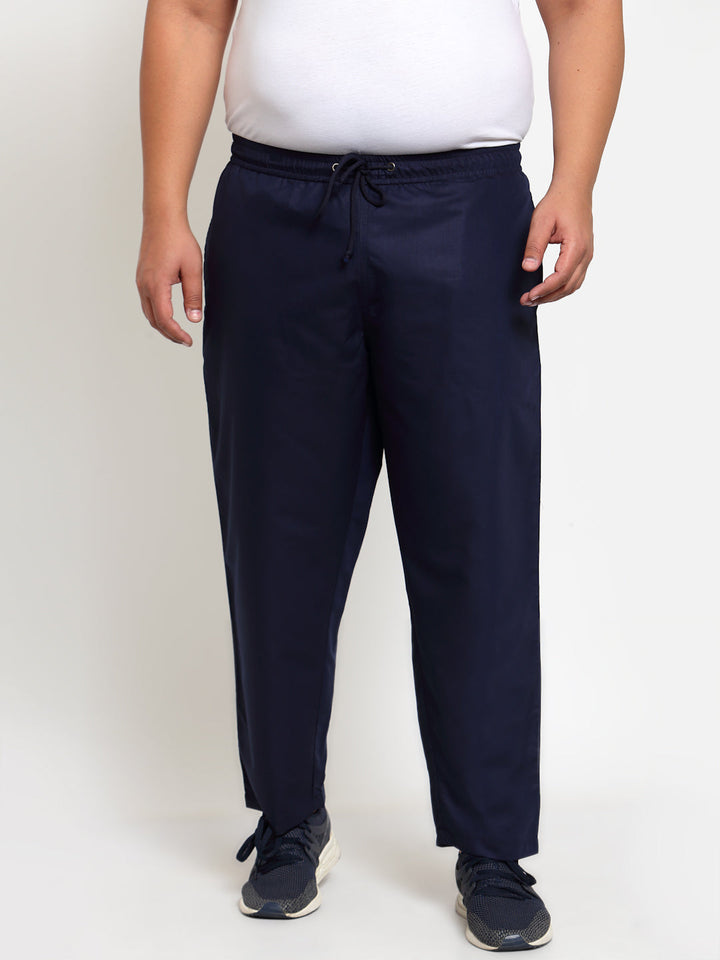 Men Navy Blue Solid Straight Fit Cotton Track Pants