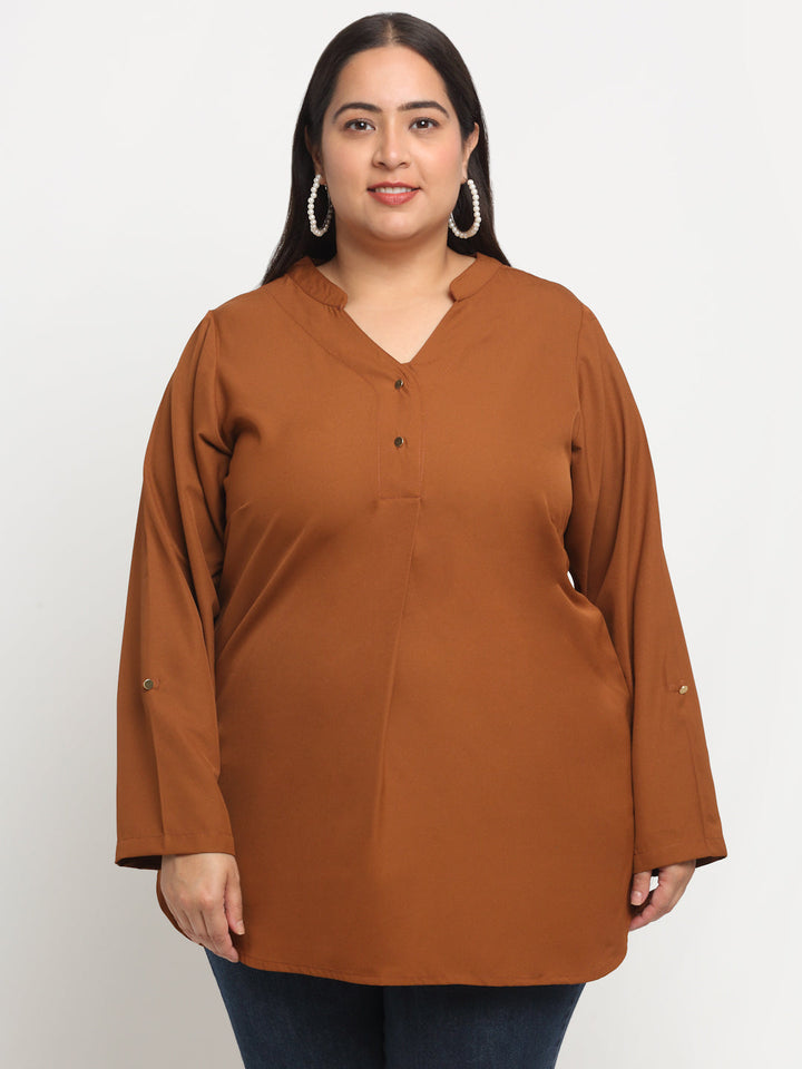 plusS Mandarin Collar Roll-Up Sleeves Top