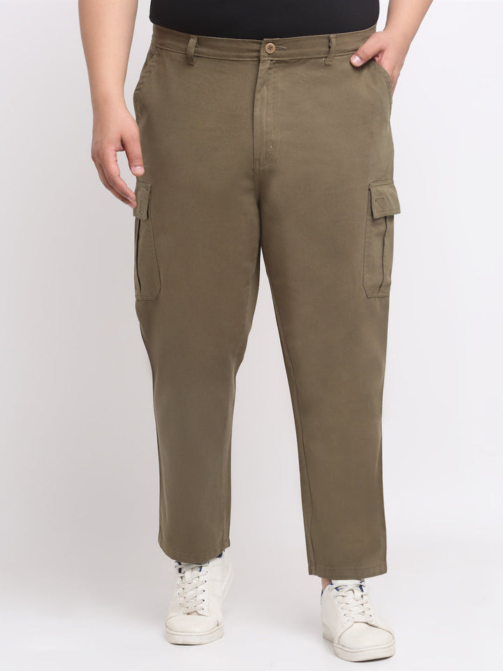 plusS Men Olive Green Cotton Cargos Trousers