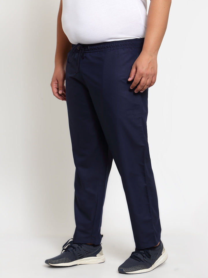 Men Navy Blue Solid Straight Fit Cotton Track Pants