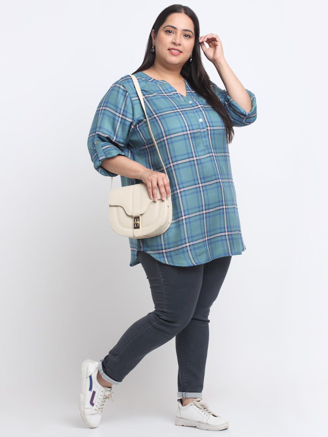 plusS Plus Size Checked Roll-Up Sleeves Top