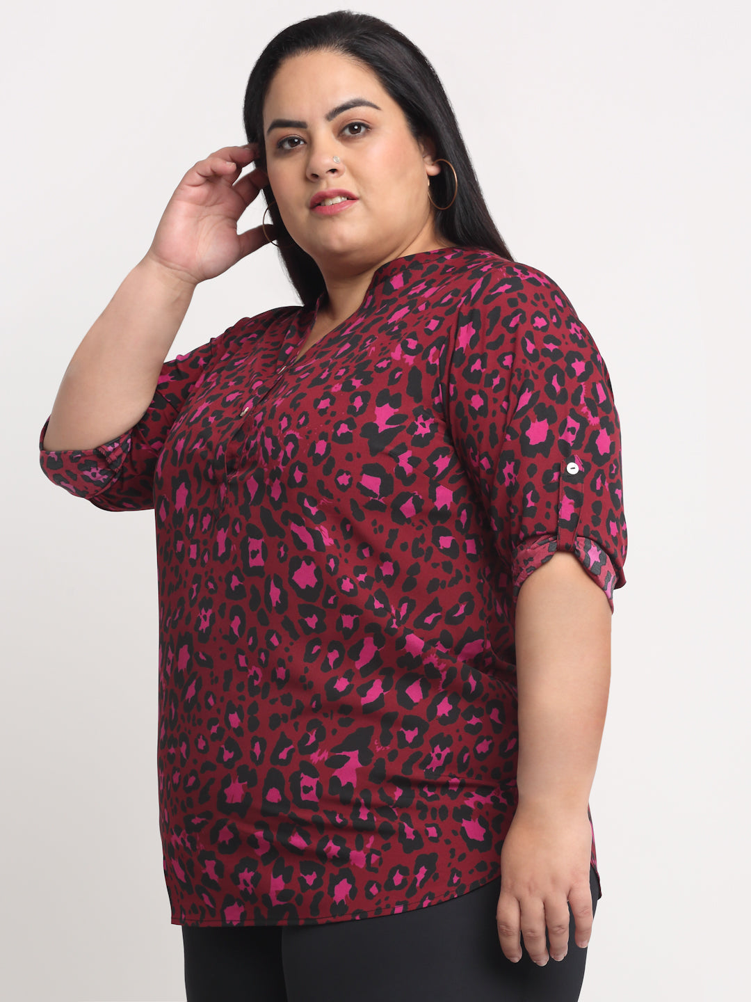 plusS Red Floral Print Mandarin Collar Shirt Style Top