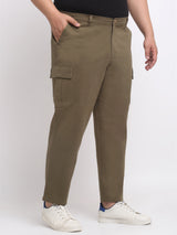 plusS Men Olive Green Cotton Cargos Trousers