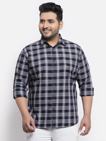 Men Navy Blue Tartan Checked Cotton Casual Shirt