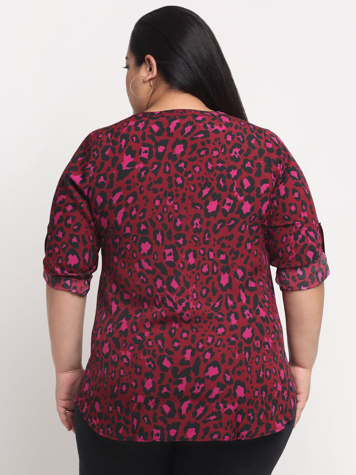 plusS Red Floral Print Mandarin Collar Shirt Style Top