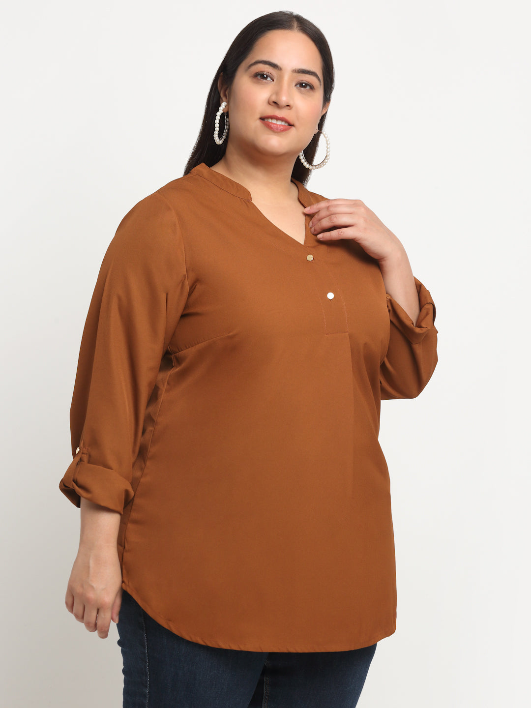 plusS Mandarin Collar Roll-Up Sleeves Top