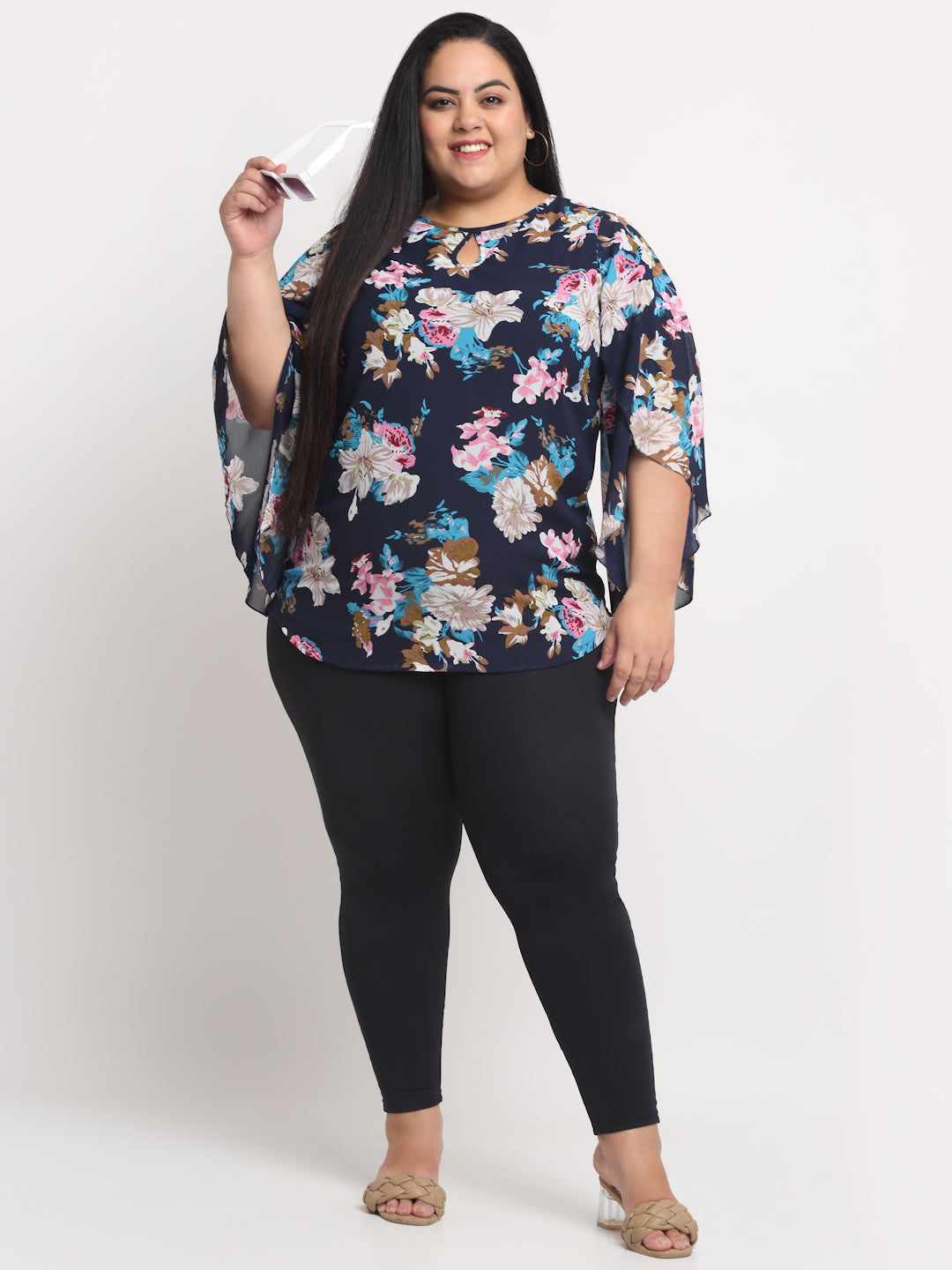 plusS Navy Blue Plus Size Floral Print Top