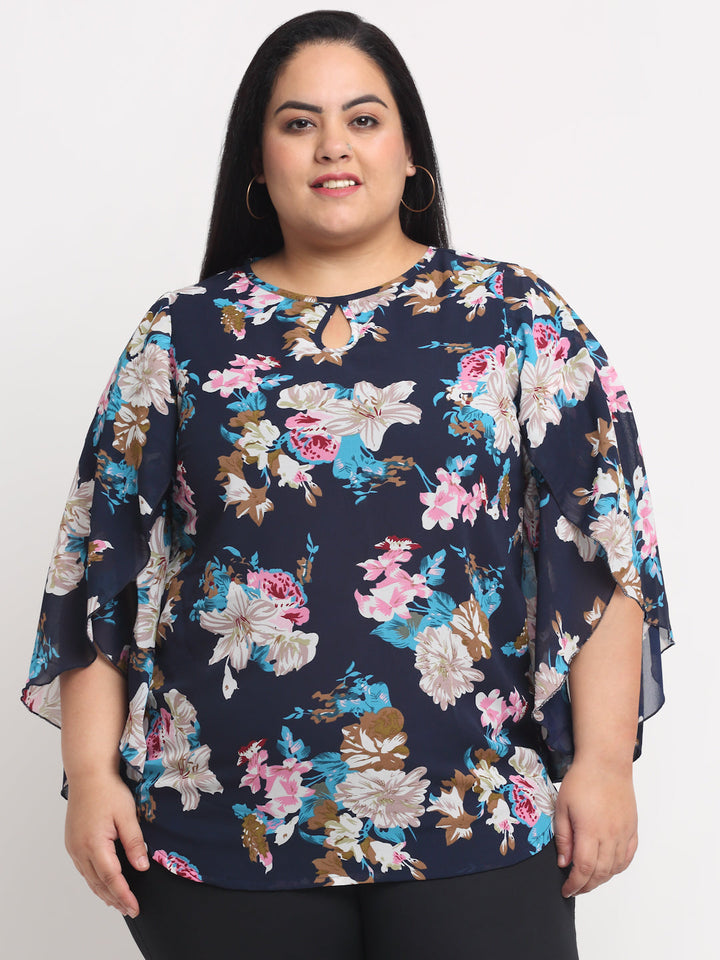 plusS Navy Blue Plus Size Floral Print Top