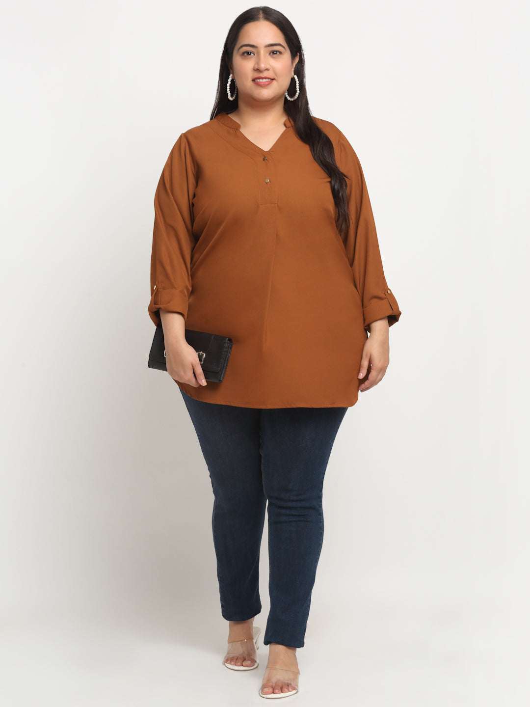 plusS Mandarin Collar Roll-Up Sleeves Top