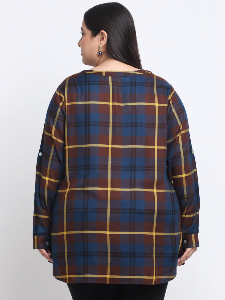 Plus Size Checked Mandarin Collar Roll-Up Sleeves Longline Top