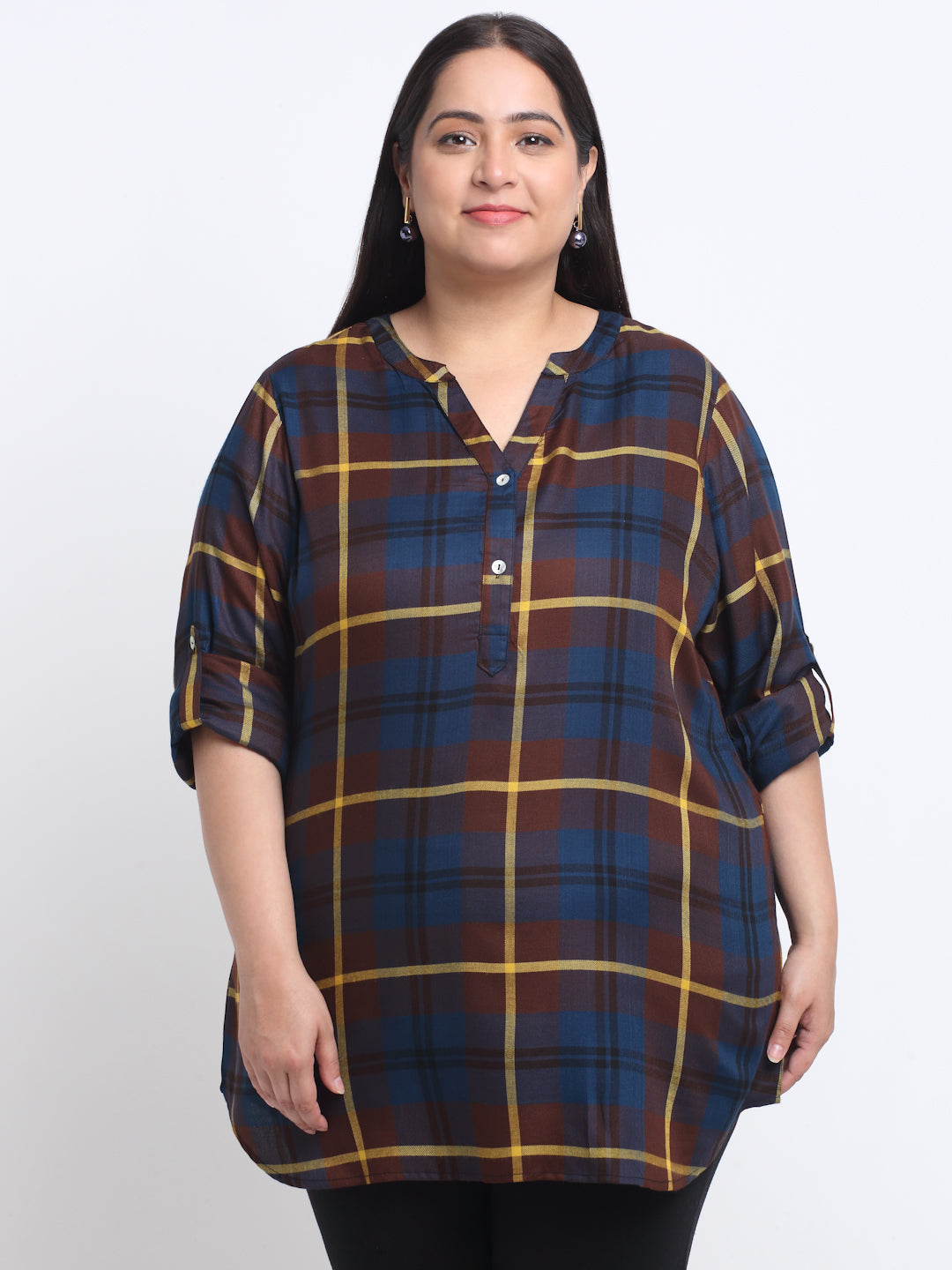 Plus Size Checked Mandarin Collar Roll-Up Sleeves Longline Top