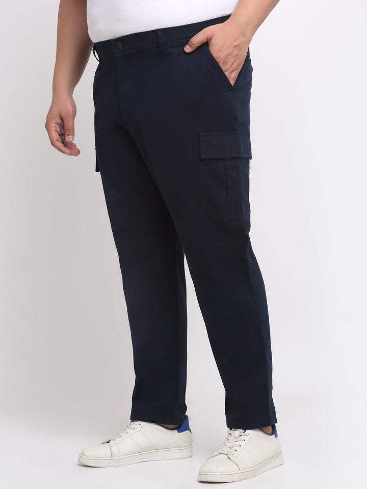 plusS Men Plus Size Navy Blue Mid Rise Cotton Trousers