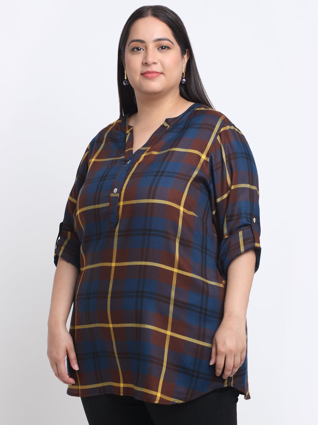 Plus Size Checked Mandarin Collar Roll-Up Sleeves Longline Top