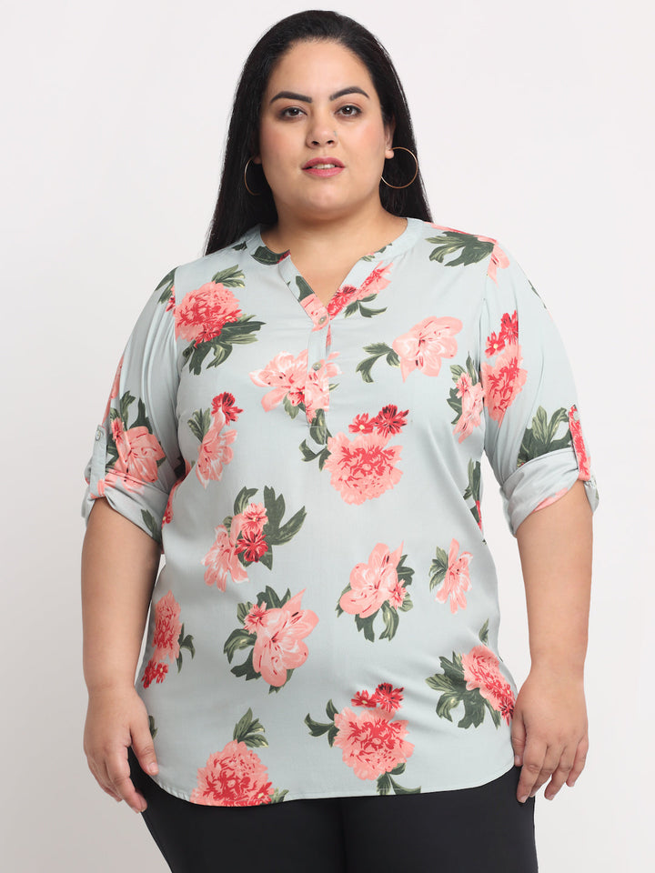 plusS Women Sea Green  Red Floral Print Mandarin Collar Roll-Up Sleeves Top