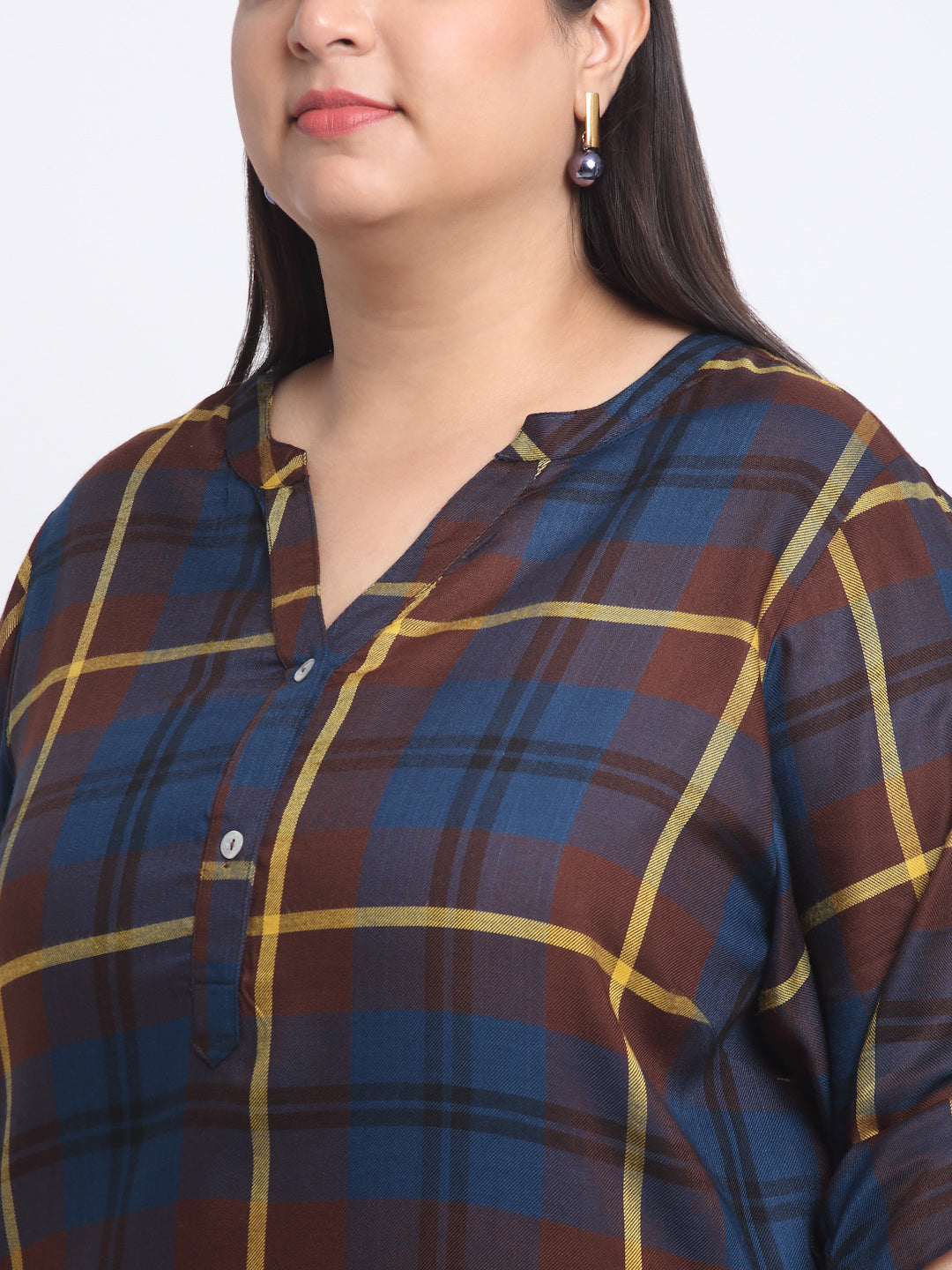 Plus Size Checked Mandarin Collar Roll-Up Sleeves Longline Top